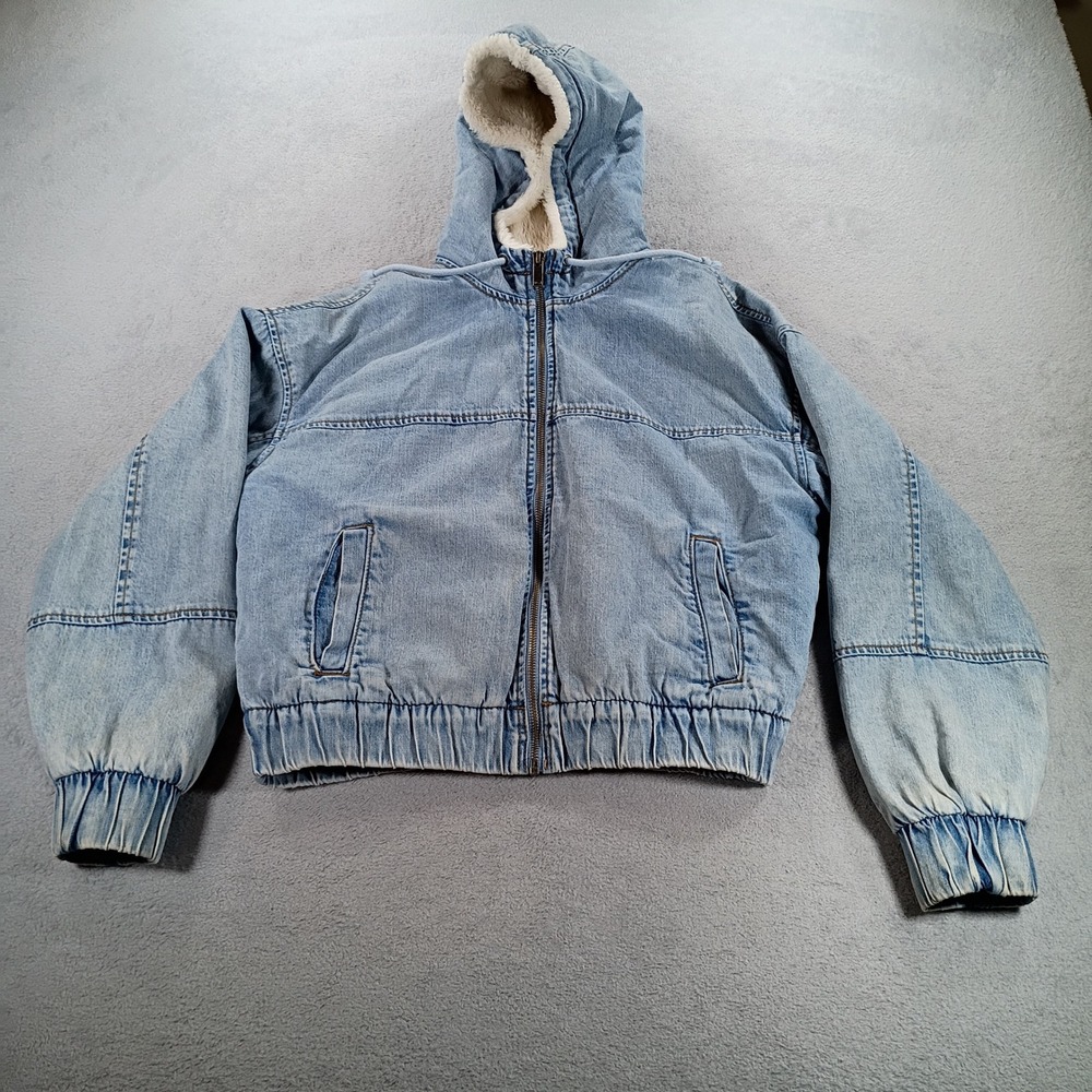 American Eagle Women Denim Bomber Jacket Light Wash Small Sherpa Lined Hood